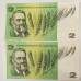 AUSTRALIA 1966 . TWO 2 DOLLARS BANKNOTES . COOMBS/WILSON . CONSEC PAIR . FIRST PREFIX FAA